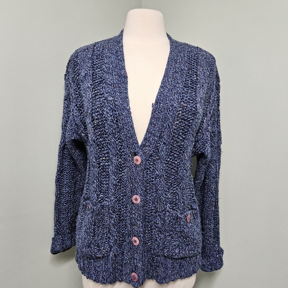 Caren Sport Vintage Cardigan Sweater Grandpacore Blue Large Buttons Pockets Sz S